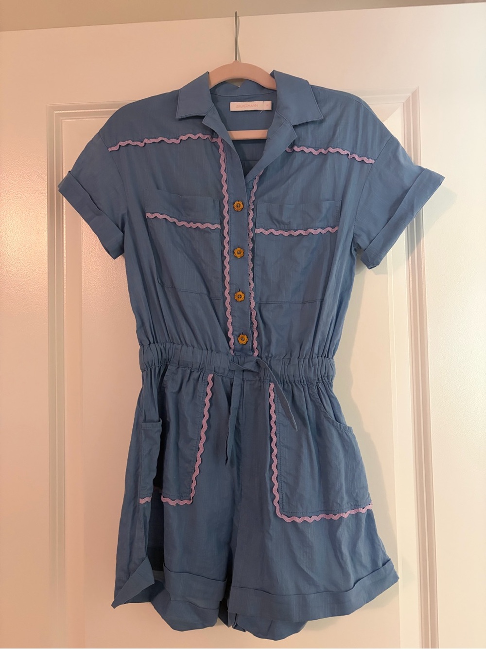 Zimmermann blue short-sleeve romper with pale purple trim